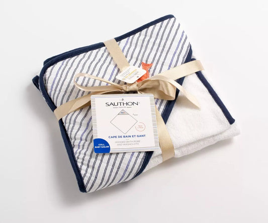 Cape de bain et gant en double gaze de coton et éponge - BABY SAILOR Sauthon