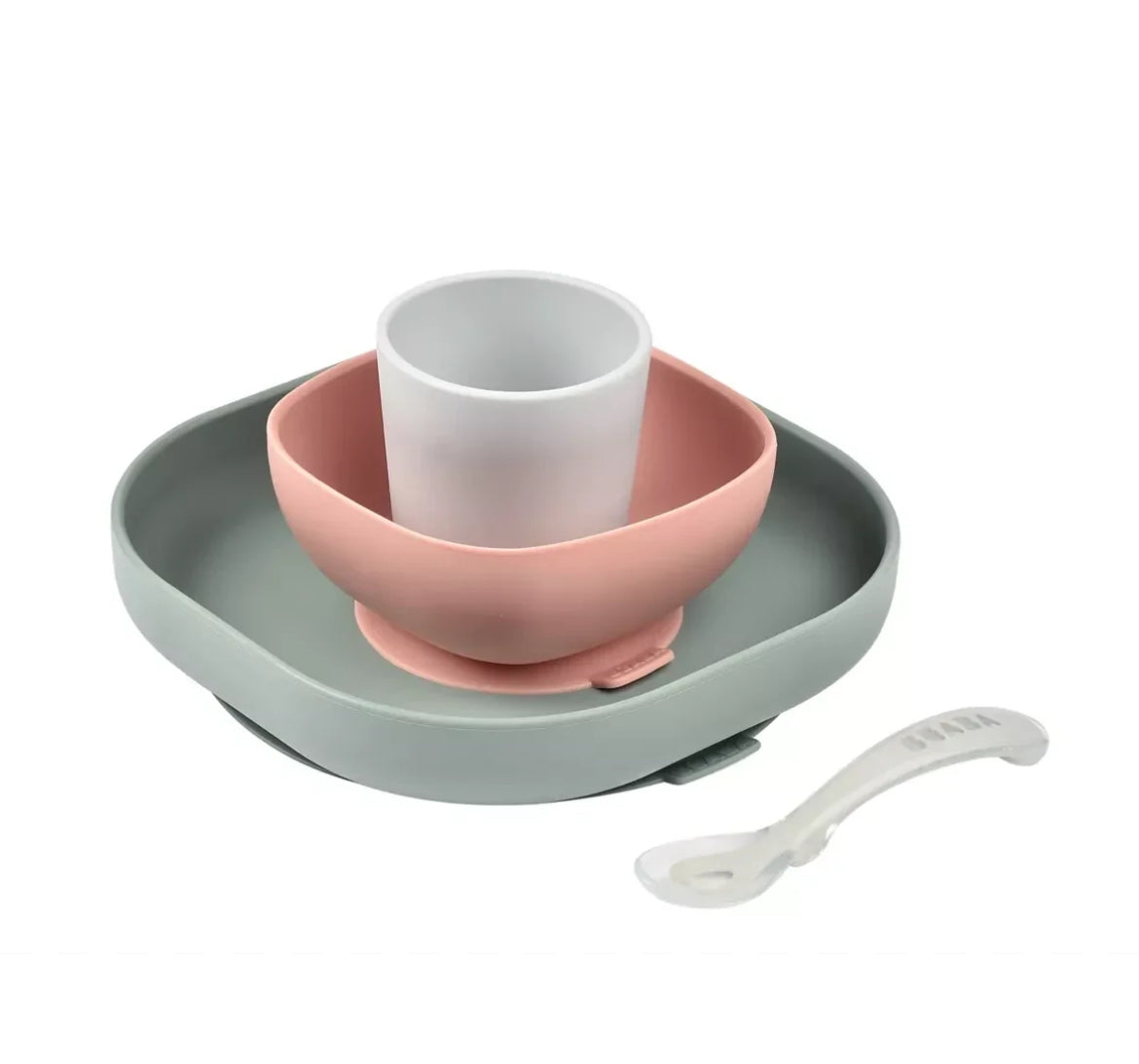 Coffret repas silicone 4 pièces BEABA - GRIS/ ROSE BB Cigogne