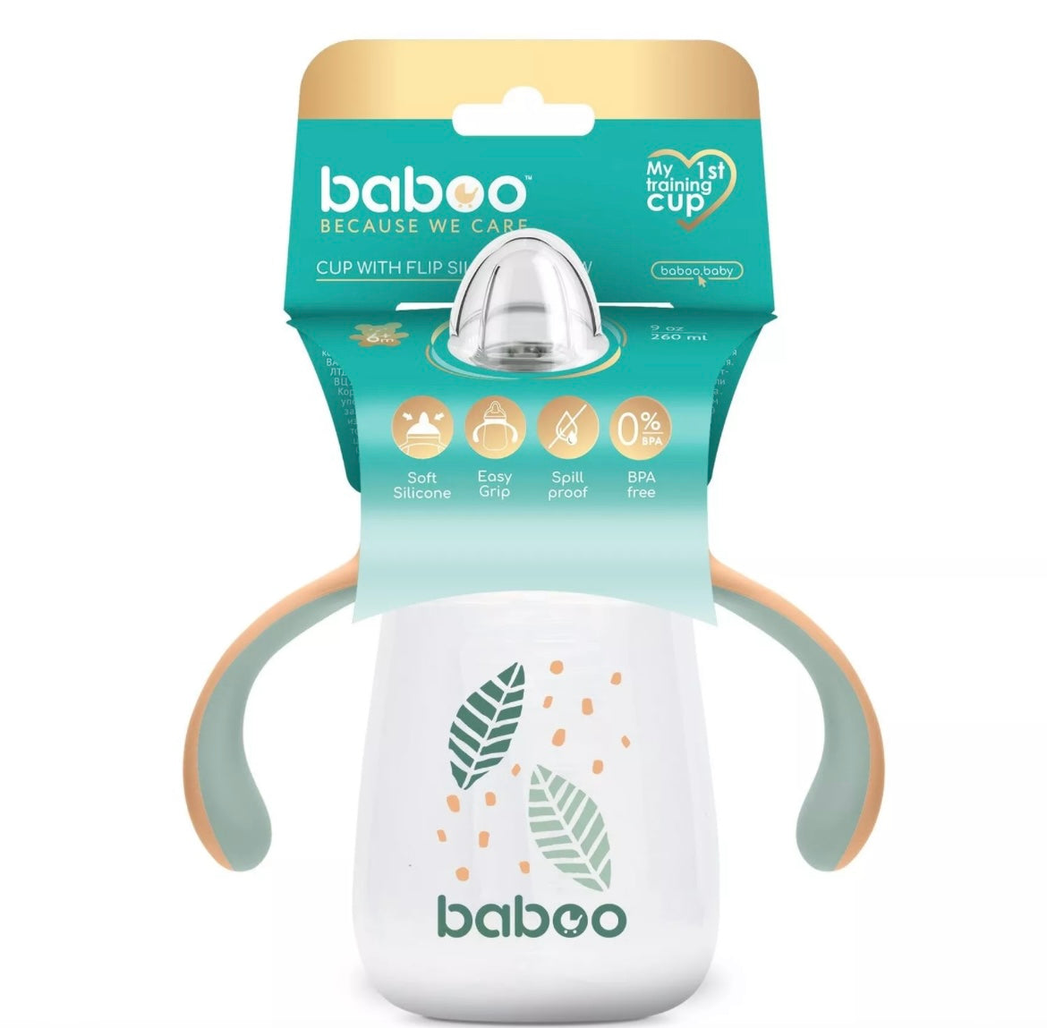 Tasse BABOO® avec bec verseur en silicone, 260 ml , pêche , 6 mois et + BB Cigogne