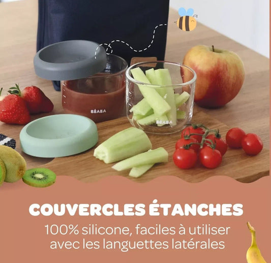 BEABA , Lot de 2 Portions verre 150 ml Mineral/Sage green Beaba