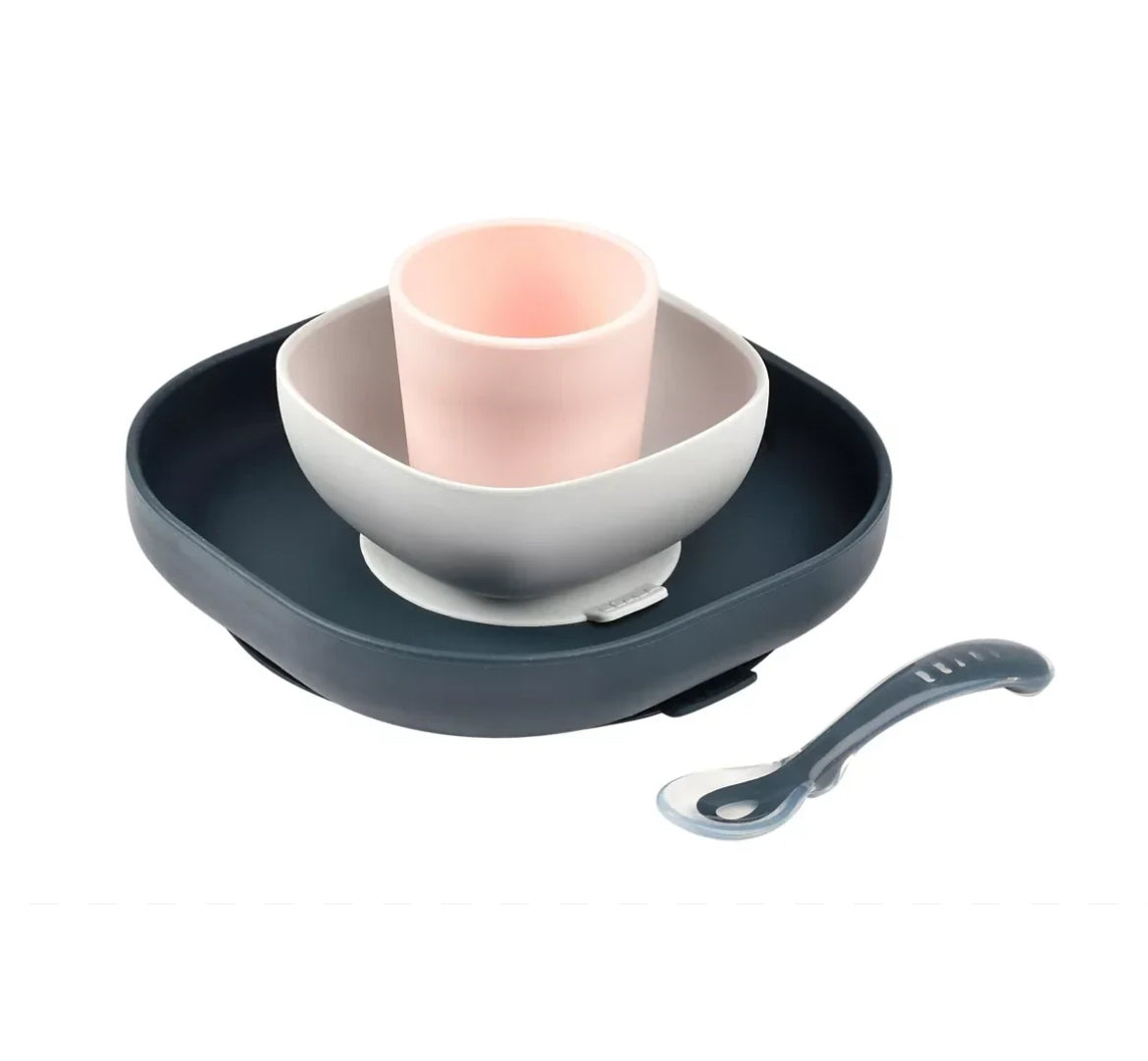 Coffret repas silicone 4 pièces BEABA - BLEU/ ROSE BB Cigogne