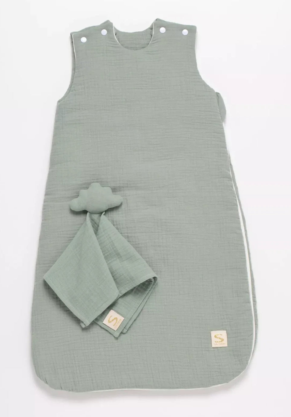 Gigoteuse bébé hiver en double gaze de coton et son doudou mouchoir - UNI SAUGE BB Cigogne