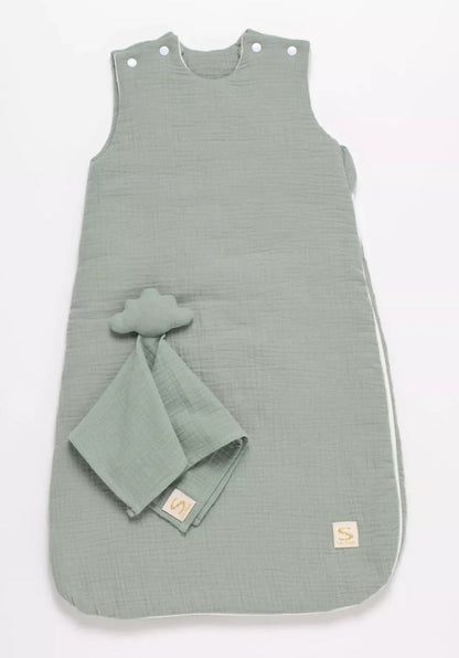 Gigoteuse bébé hiver en double gaze de coton et son doudou mouchoir - UNI SAUGE BB Cigogne