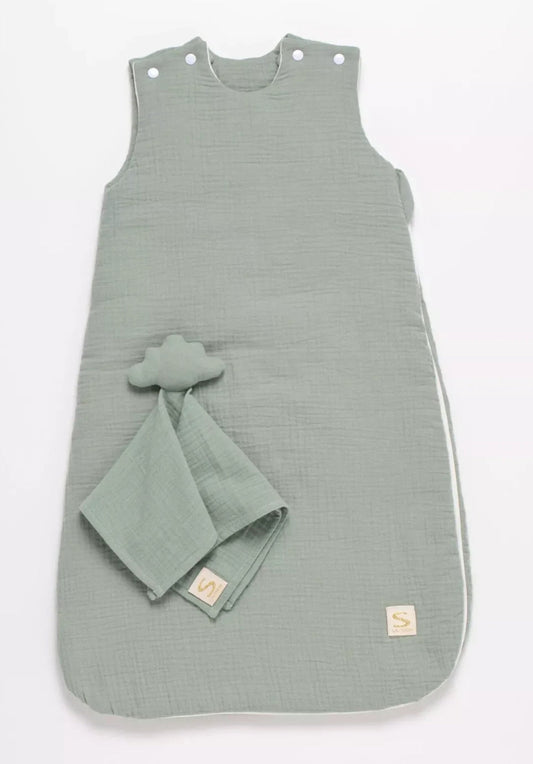 Gigoteuse bébé hiver en double gaze de coton et son doudou mouchoir - UNI SAUGE BB Cigogne