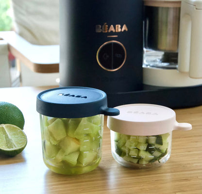 BEABA, Coffret 2 portions verre 150ml pink /250 ml dark blue BB Cigogne