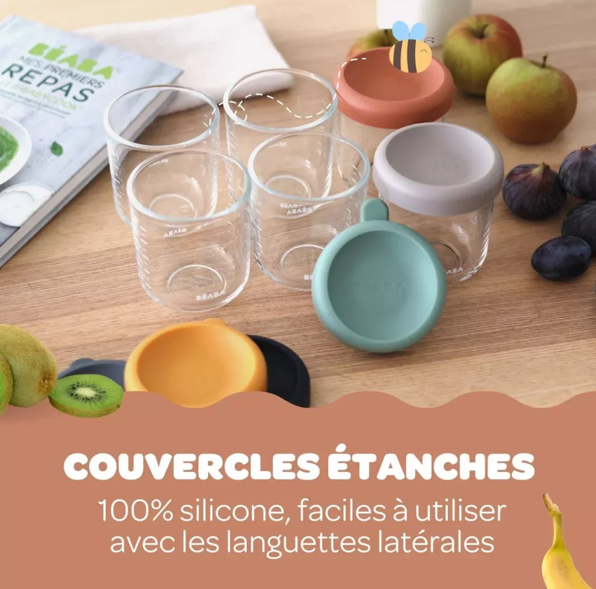 BEABA, Coffret 4 portions verre 250 ml (Sunrise color mix) BB Cigogne