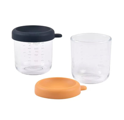 BEABA, Lot de 2 Portions verre 250 ml Night blue/Honey BB Cigogne