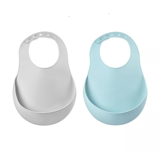 Lot de 2 bavoirs silicone BEABA - BLEU/GRIS BB Cigogne