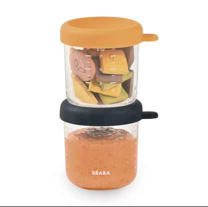 BEABA, Lot de 2 Portions verre 250 ml Night blue/Honey BB Cigogne