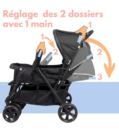 Poussette Double - Gris clair (Habillage Pluie Inclus) Looping