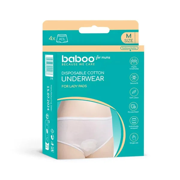 Sous-vêtements jetables de maternité en coton BABOO, (Taille M, 4 pièces).