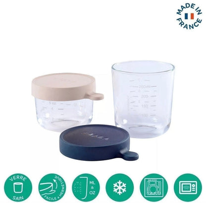 BEABA, Coffret 2 portions verre 150ml pink /250 ml dark blue BB Cigogne