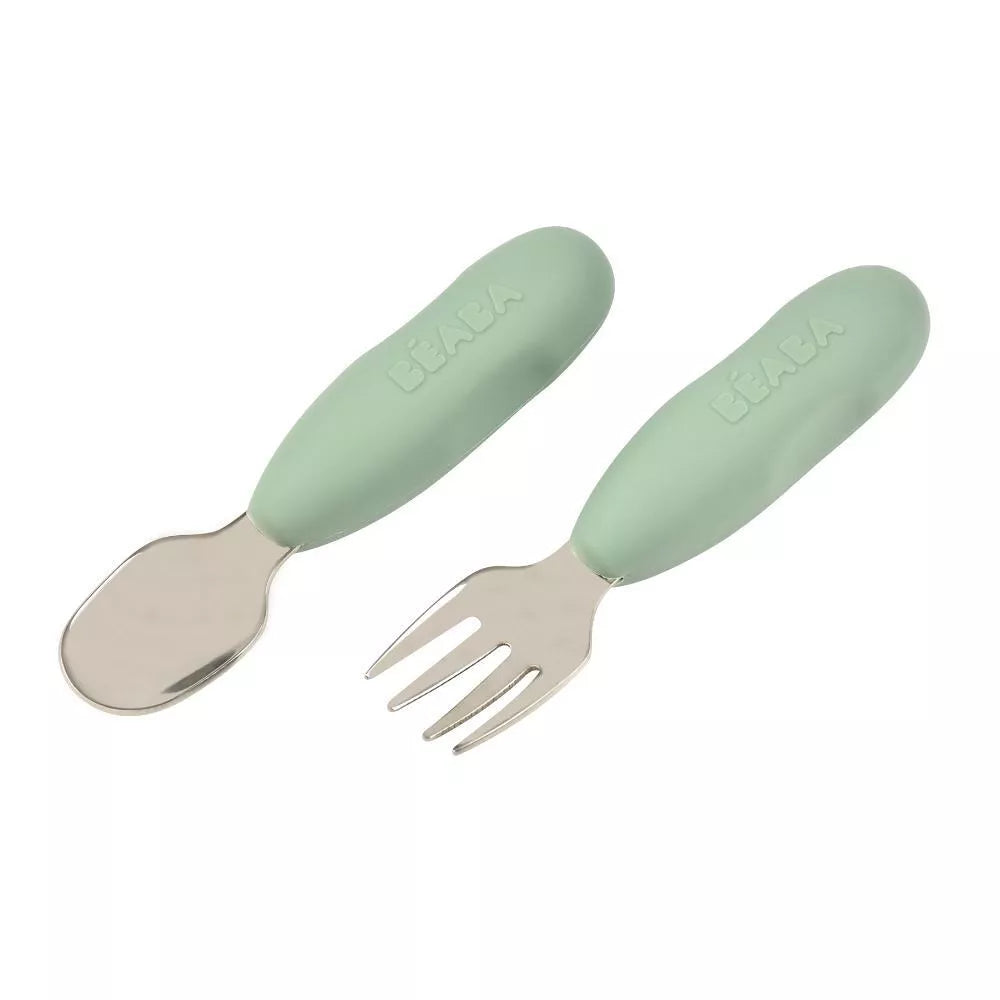 BEABA, Lot de 2 pré-couverts inox - VERT SAUGE