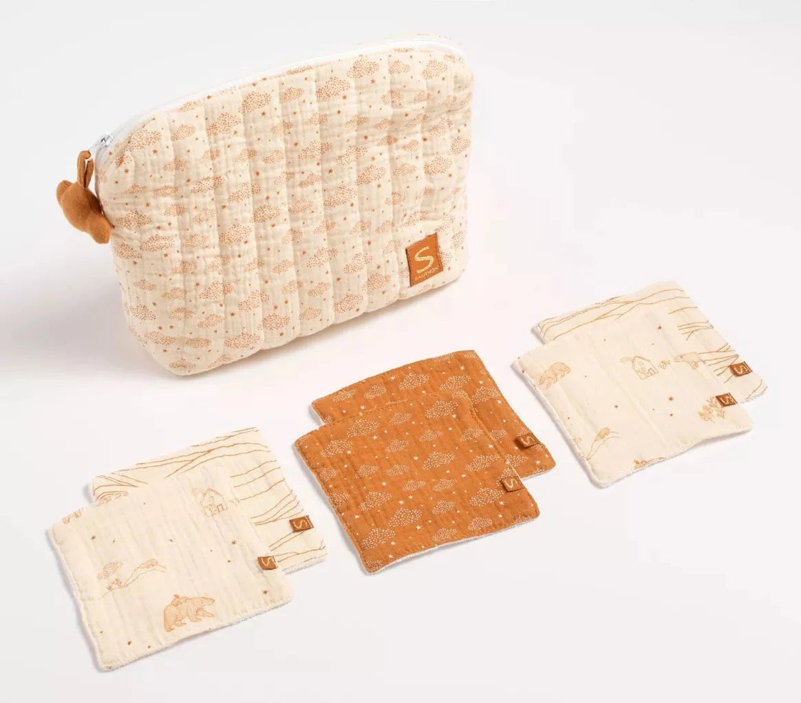 Trousse de toilette en double gaze de coton et carrés éponge - ORSINO BB Cigogne