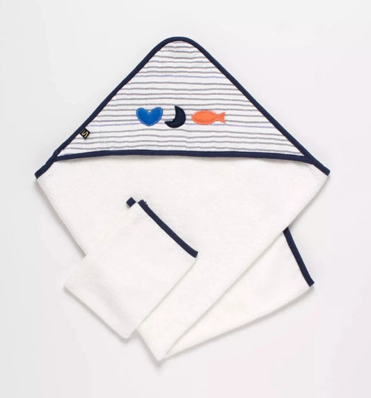 Cape de bain et gant en double gaze de coton et éponge - BABY SAILOR BB Cigogne
