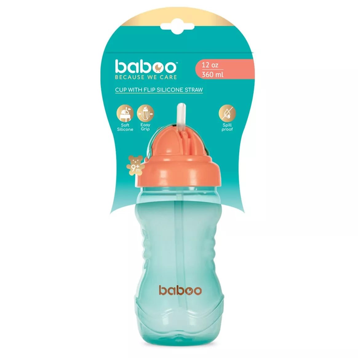 Tasse BABOO® avec paille en silicone, 360 ml, 9 mois et + - VERT/ORANGE