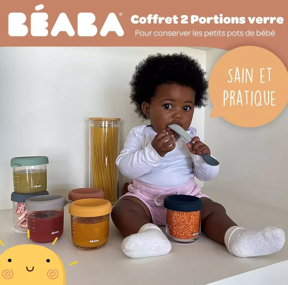 BEABA, Lot de 2 Portions verre 250 ml Night blue/Honey BB Cigogne