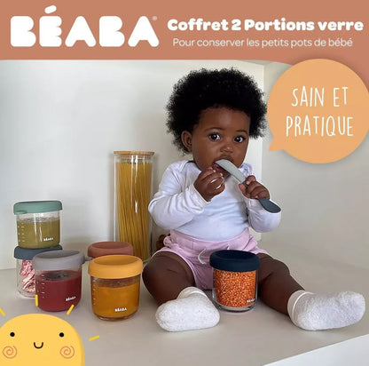 BEABA, Lot de 2 Portions verre 250 ml Night blue/Honey BB Cigogne