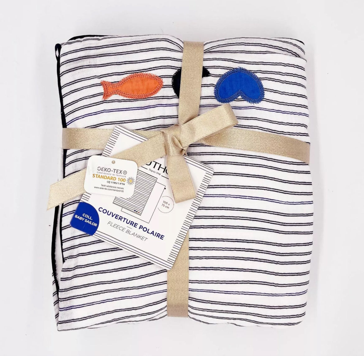 Couverture bébé 75x100cm en gaze de coton et polaire marinière - BABY SAILOR Sauthon