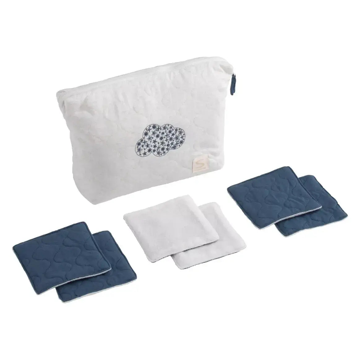 Trousse de toilette en coton matelassé et 6 carrés éponge - PETIT NUAGE BB Cigogne