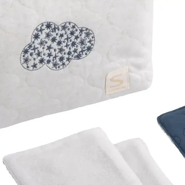 Trousse de toilette en coton matelassé et 6 carrés éponge - PETIT NUAGE BB Cigogne