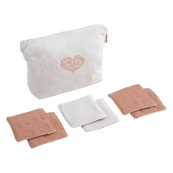 Trousse de toilette en coton matelassé et 6 carrés éponge - PETIT COEUR BB Cigogne