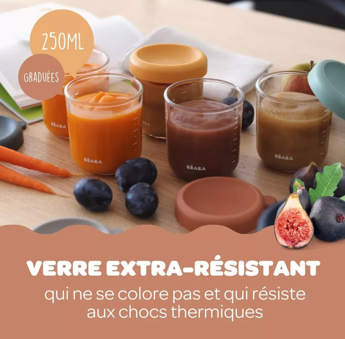 BEABA, Coffret 4 portions verre 250 ml (Sunrise color mix) BB Cigogne