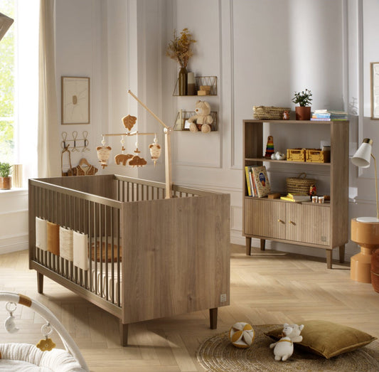 Bibliothèque 2 portes détail imitation bois texturé et pieds bois Mokka Sauthon