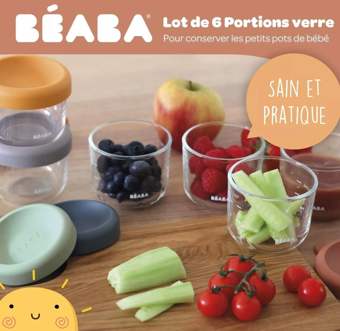 BEABA , Coffret 6 portions verre 150 ml (Sunrise color mix) BB Cigogne