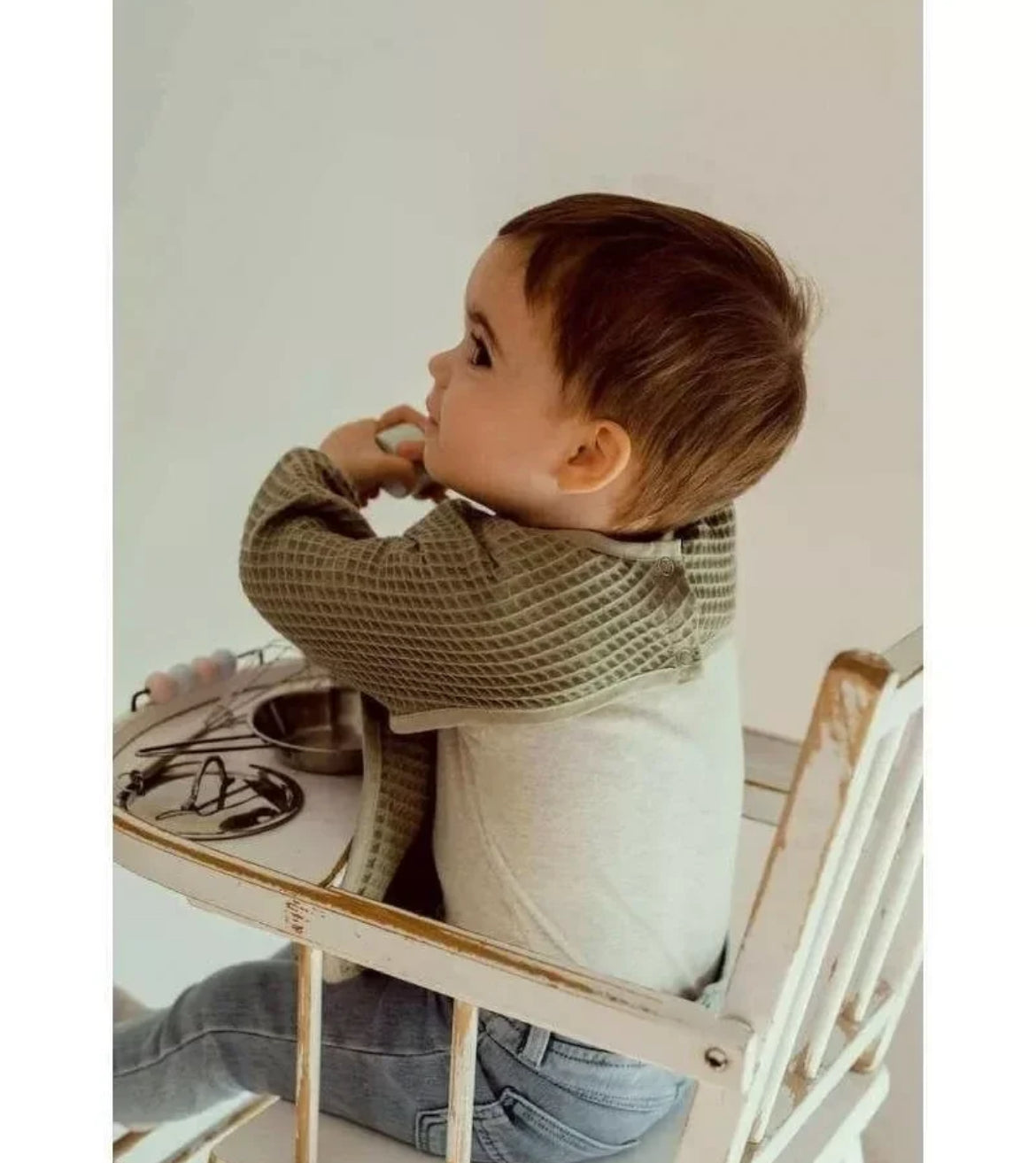 Bavoir à manches nid d'abeille - KAKI BB Cigogne