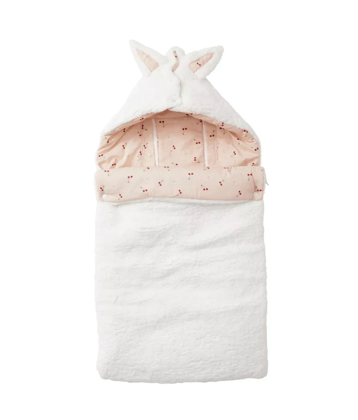 Nid d'ange en sherpa blanc doublé coton imp. cerises BB Cigogne