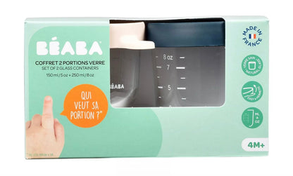 BEABA, Coffret 2 portions verre 150ml pink /250 ml dark blue BB Cigogne