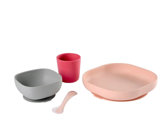 Coffret repas silicone 4 pièces BEABA - ROSE BB Cigogne