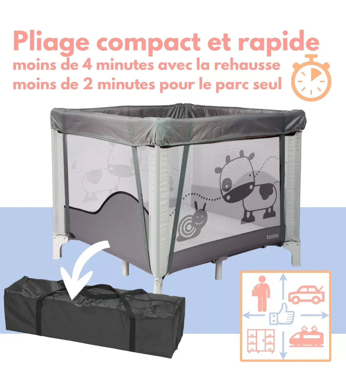 Parc/berceau bébé pliant 90 x 90cm avec Rehausse BB Cigogne