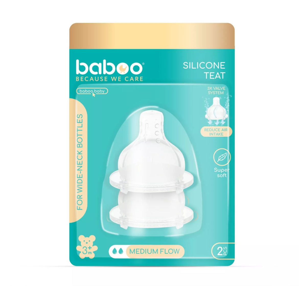 2 Tétines en silicone anti-colique avec technologie 3 valves, col large, liquides épais (6 mois et plus)