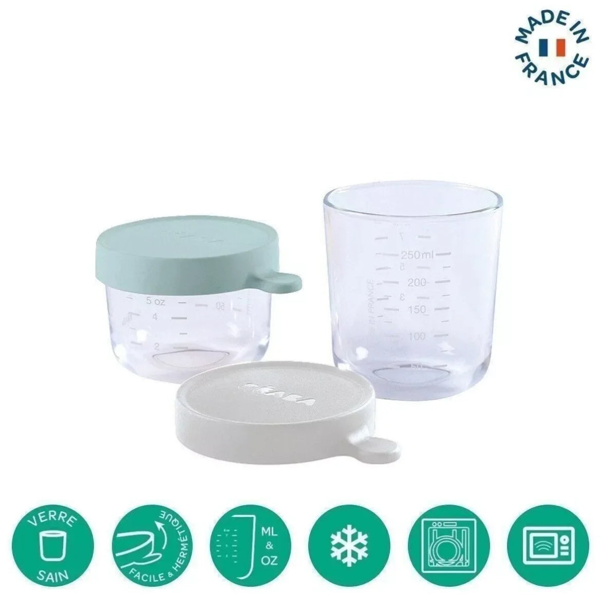 BEABA, Coffret 2 portions verre 150ml pink /250 ml light mist BB Cigogne