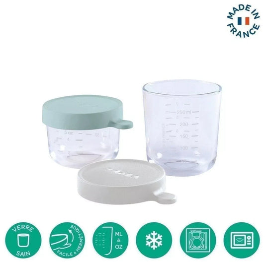 BEABA, Coffret 2 portions verre 150ml pink /250 ml light mist BB Cigogne