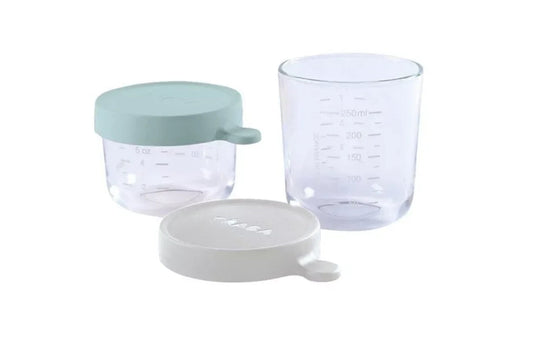 BEABA, Coffret 2 portions verre 150ml pink /250 ml light mist BB Cigogne