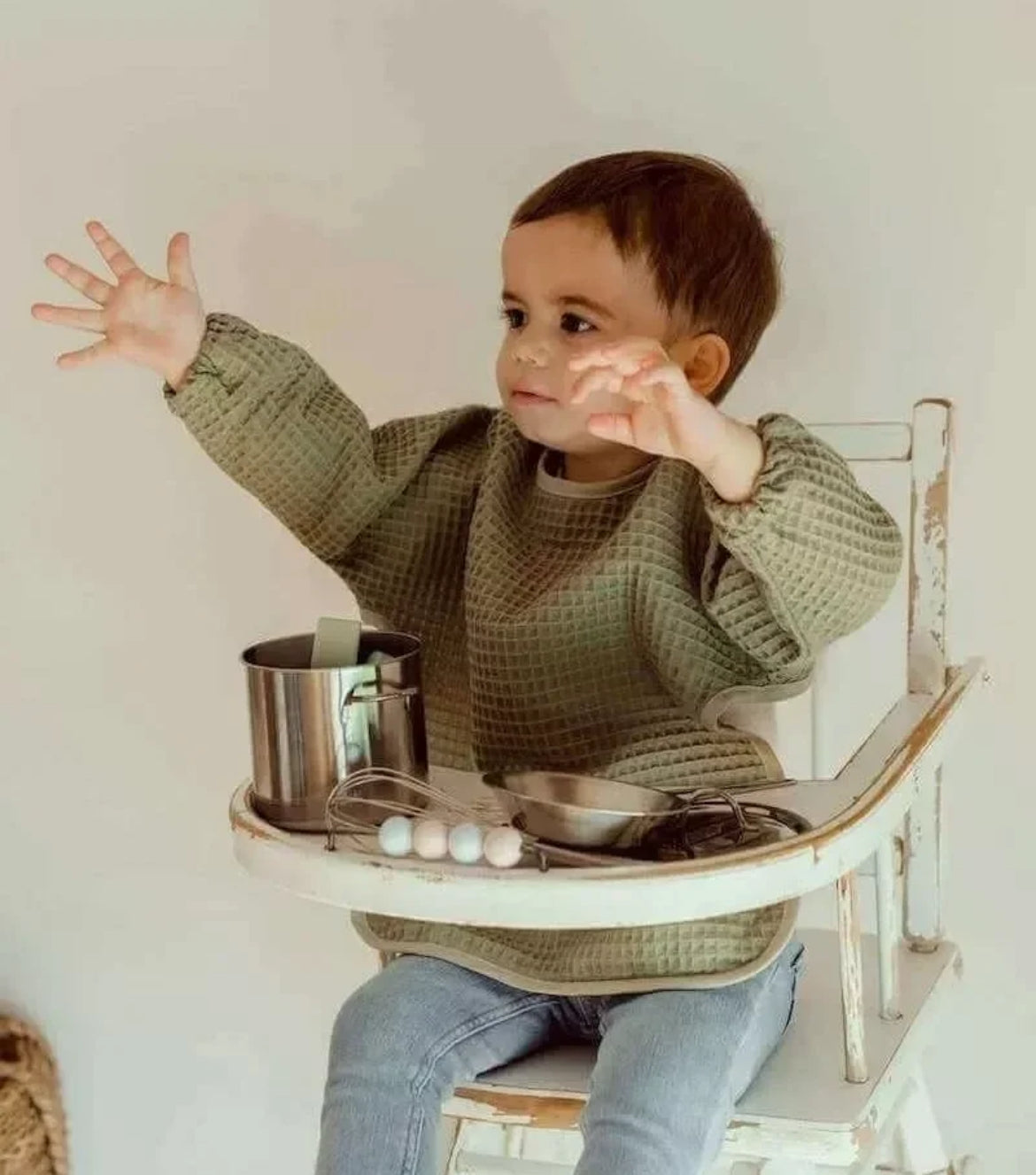 Bavoir à manches nid d'abeille - KAKI BB Cigogne