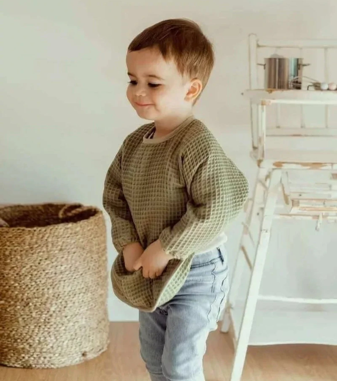 Bavoir à manches nid d'abeille - KAKI BB Cigogne