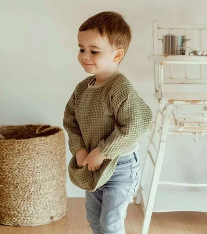 Bavoir à manches nid d'abeille - KAKI BB Cigogne