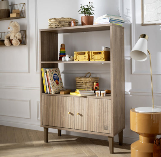 Bibliothèque 2 portes détail imitation bois texturé et pieds bois Mokka Sauthon