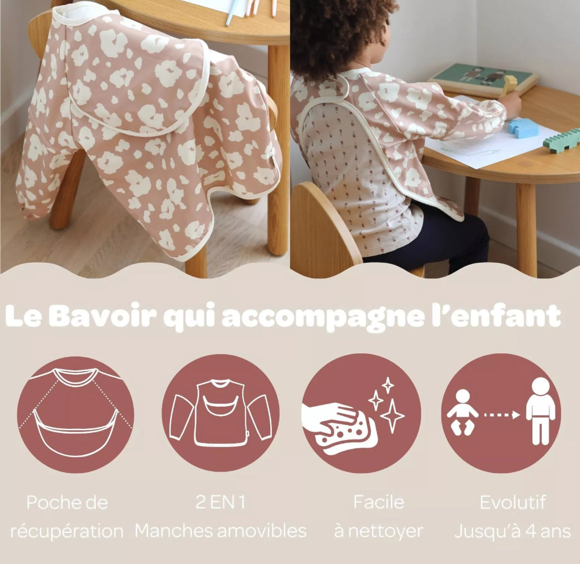 BEABA, Bavoir à manches évolutif et 2 en 1 - Savannah bloom BB Cigogne