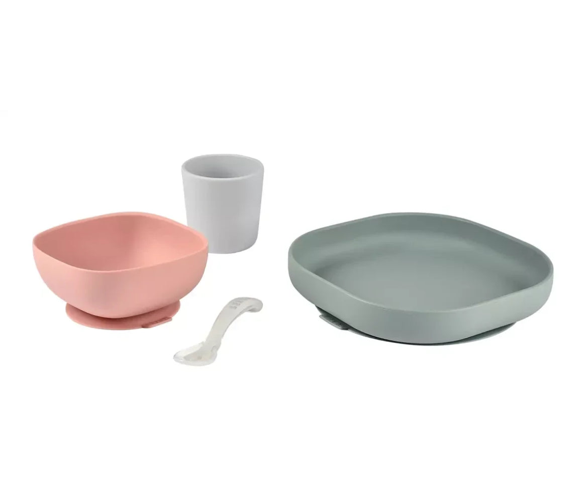 Coffret repas silicone 4 pièces BEABA - GRIS/ ROSE BB Cigogne