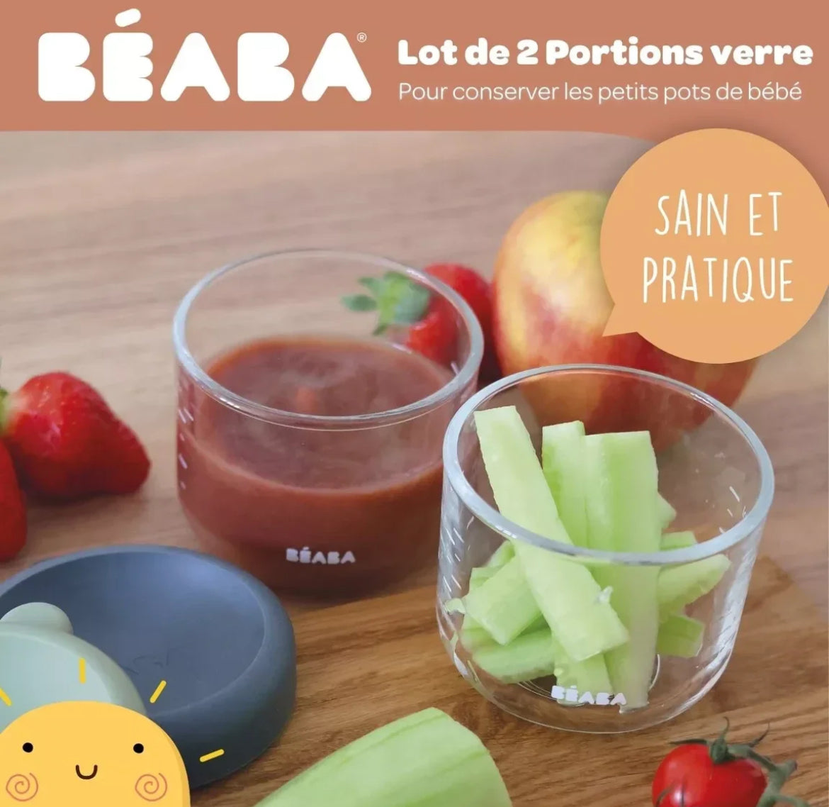 BEABA , Lot de 2 Portions verre 150 ml Mineral/Sage green BB Cigogne