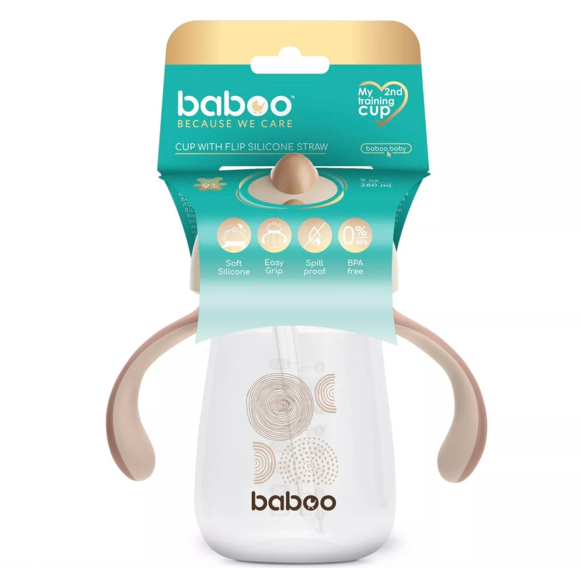 Tasse BABOO® avec paille en silicone, 260 ml, Au Naturale, cacao, 9 mois et + BB Cigogne