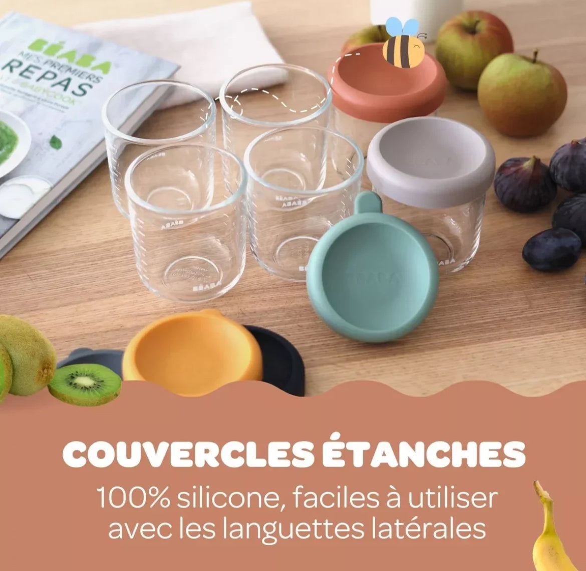 BEABA, Lot de 2 Portions verre 250 ml Night blue/Honey BB Cigogne