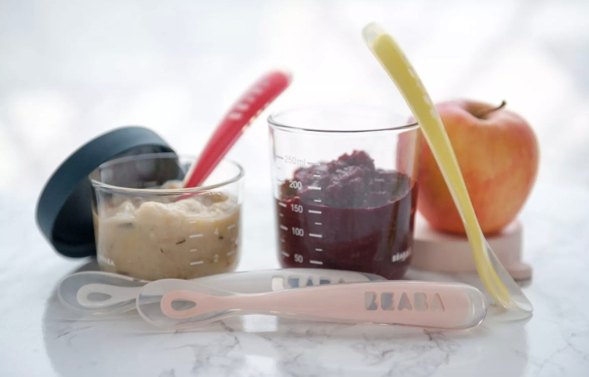 BEABA, Coffret 2 portions verre 150ml pink /250 ml dark blue BB Cigogne