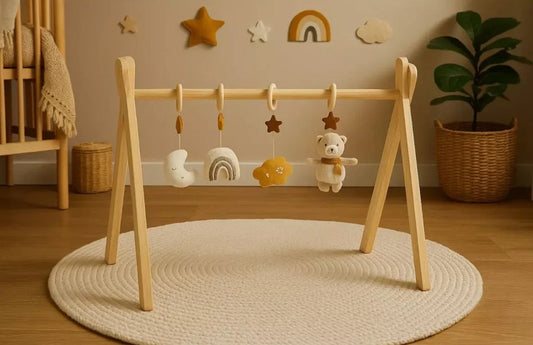 Arche d'éveil bois avec 4 jouets - PETIT SOLEIL BB Cigogne