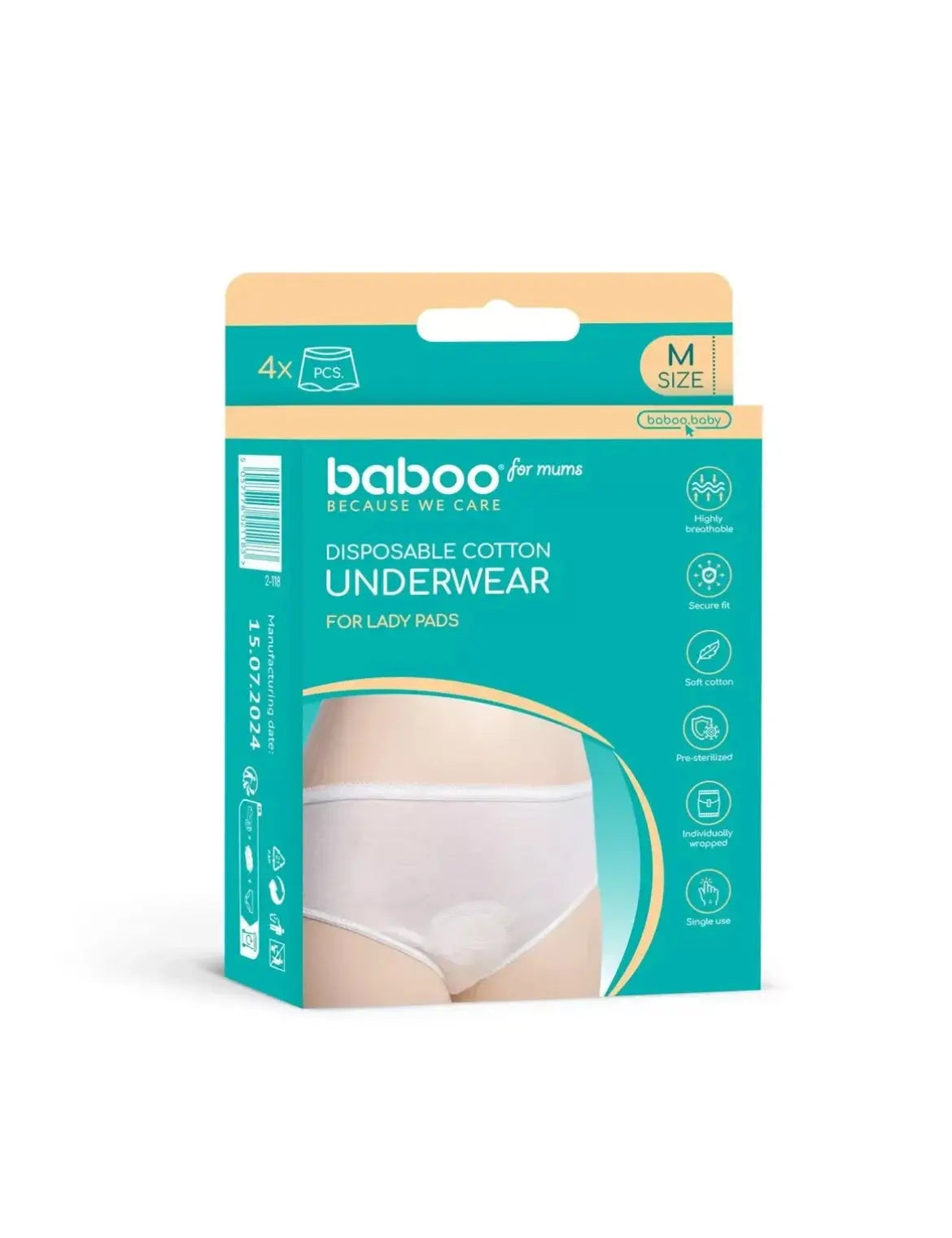 Sous-vêtements jetables de maternité en coton BABOO, (Taille L, 4 pièces). BB Cigogne